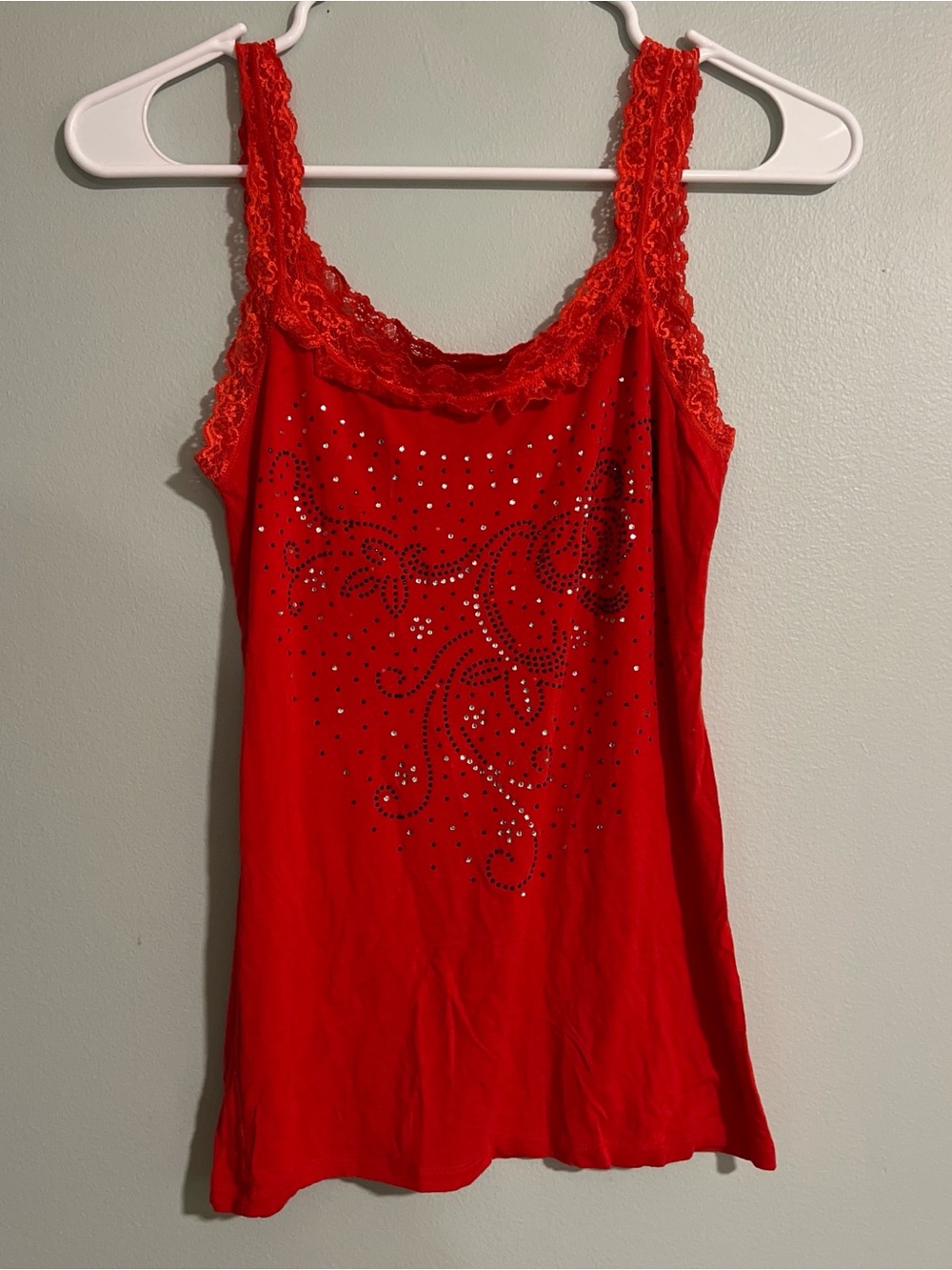 Aizina Red Studded Y2K Vintage Lace Trim Camisole Rhinestone Embellishment Fit S